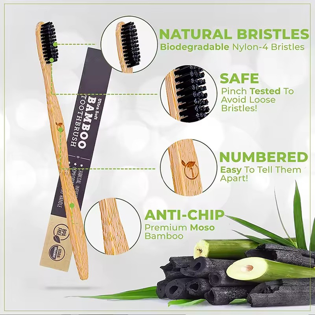 Disposable Biodegradable Bamboo Wood Toothbrush Hotel Multicolored Soft Bristles 