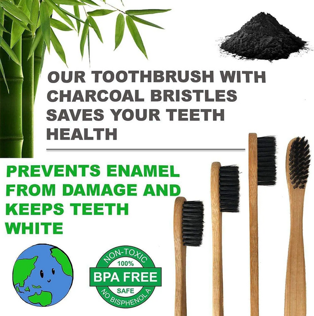 Bpa-free Natural Custom Engraving Logo Charcoal Bamboo Toothbrush Natural Handle 
