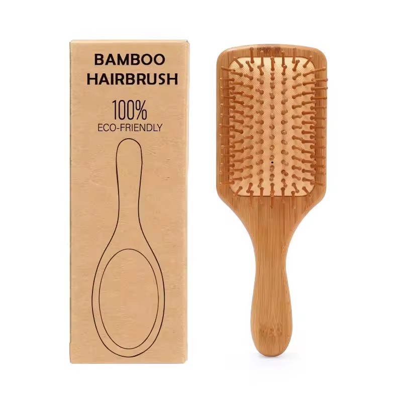 Massage Hairbrush Private Logo Bamboo Paddle Hair Brush with Box Packing