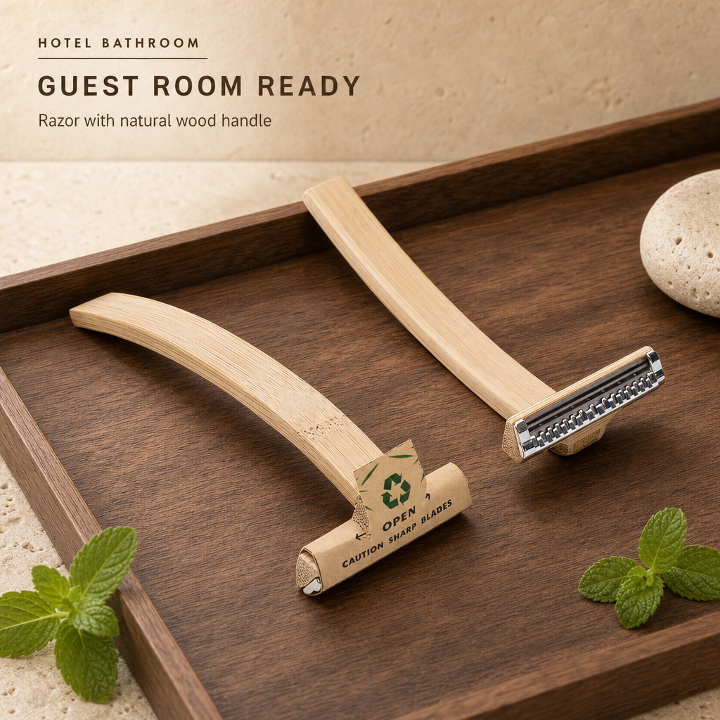 Custom Natural Eco-Friendly Bamboo Razor Shaving Kit with Sharp Biodegradable Blade for Hotel Amenities
