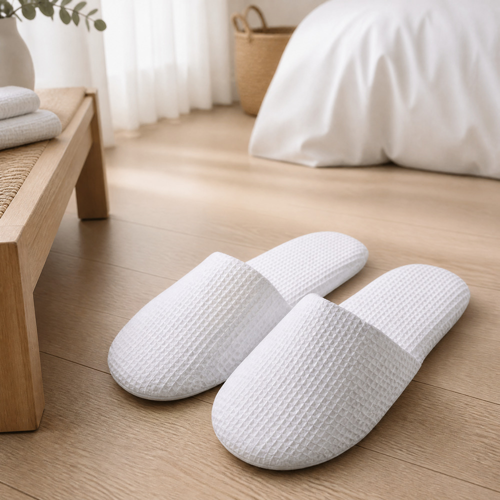 Factory OEM Custom Logo Luxury White Waffle Soft Anti-Slip Slippers for Star Hotel Spa Airline Guest