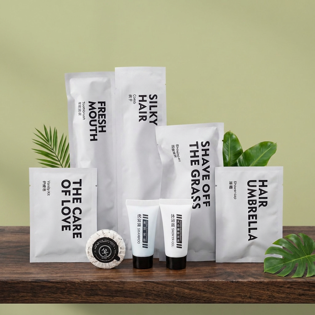 OEM Hotel Amenities Toiletries Set Disposable Toothbrush Toothpaste Kit Shampoo Shower Gel Slippers Kit