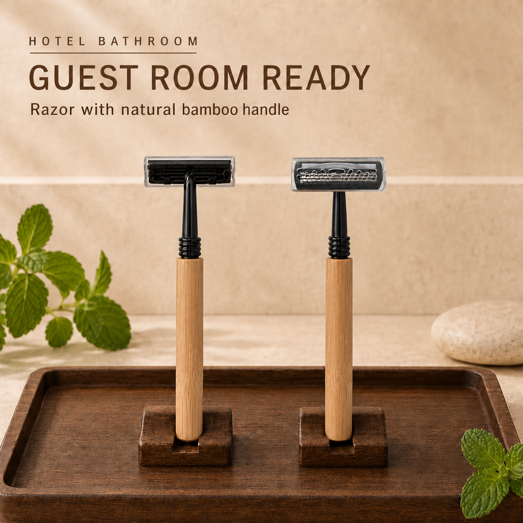 Eco-Friendly Natural Bamboo Handle Razor Disposable Shaving Kit 3 Blade Hotel Amenities Bathroom Supplies with Protective Cap
