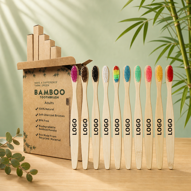 Natural Eco-Friendly Biodegradable Bamboo Toothbrush with Colorful Nylon Bristles Wood Dental Toothbrushes