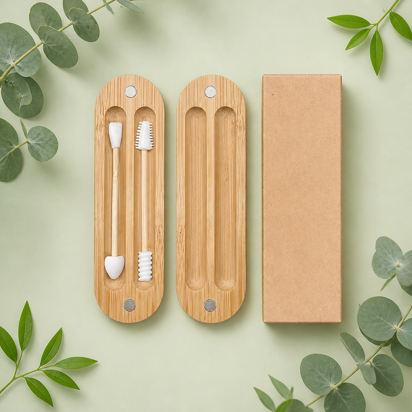 High Quality Hotel Reusable Silicone Cotton Bud Stick Bamboo Magnetic Case Customized Logo Superior Ear Buds for Bathroom Kit