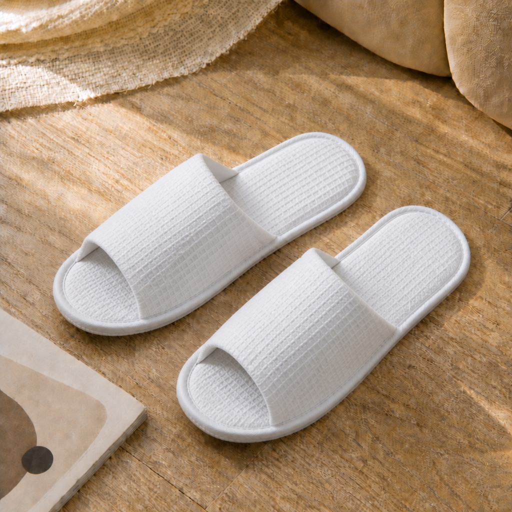 Luxury White Color Open Toe Eco-Friendly Soft Biodegradable Hotel Disposable Waffle Slippers Custom Slippers